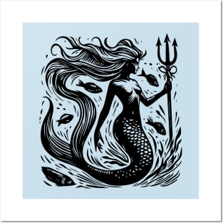 Woodcut Mermaid Posters and Art